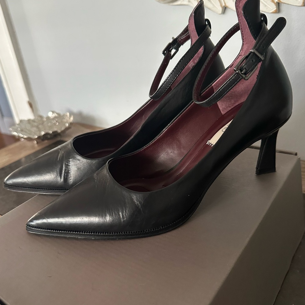 Franco Sarto Black Leather Ankle Strap Heels